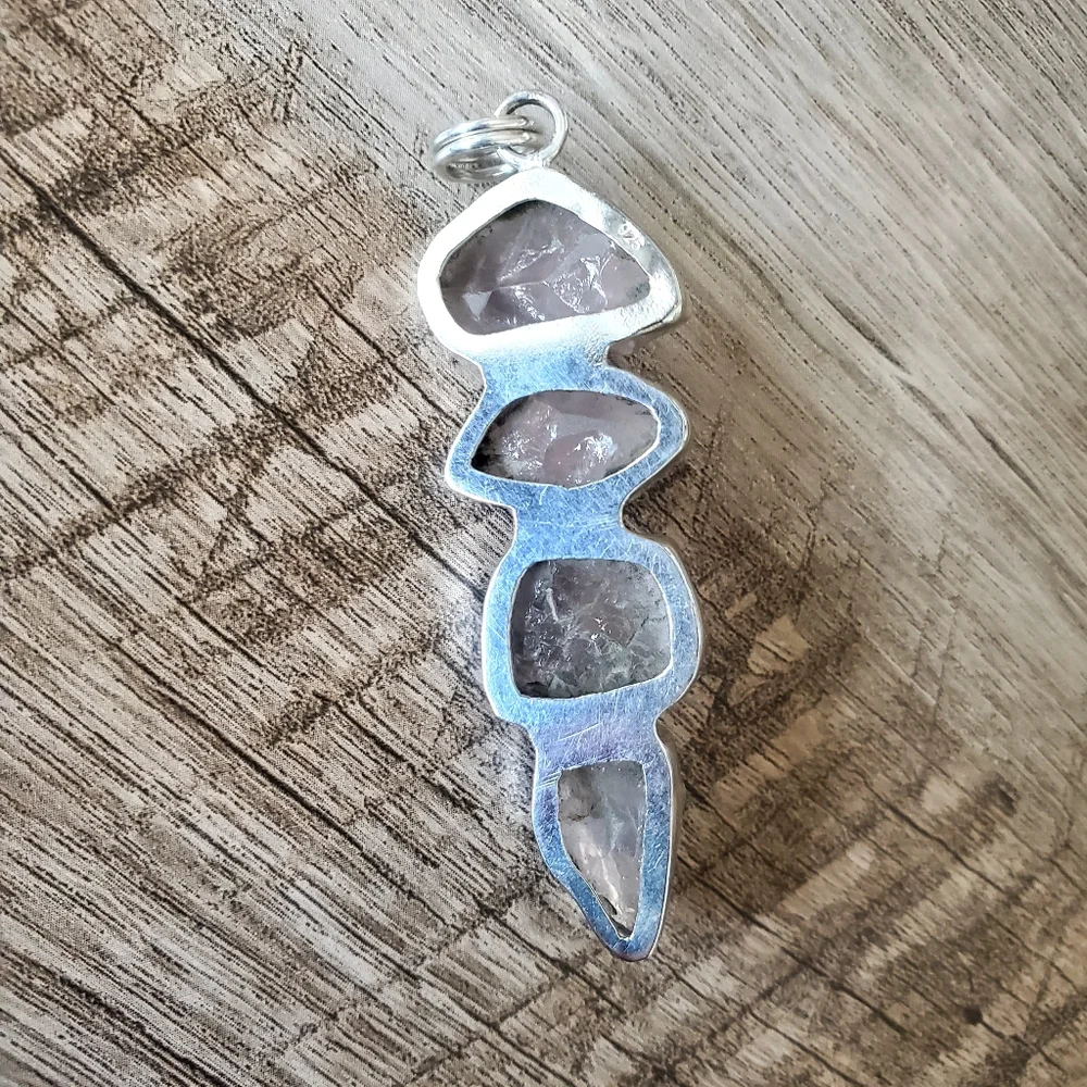 Natural Rough Rose Quartz Gemstones Set in 925 Sterling Silver Pendant, NWT - Picture 8 of 16